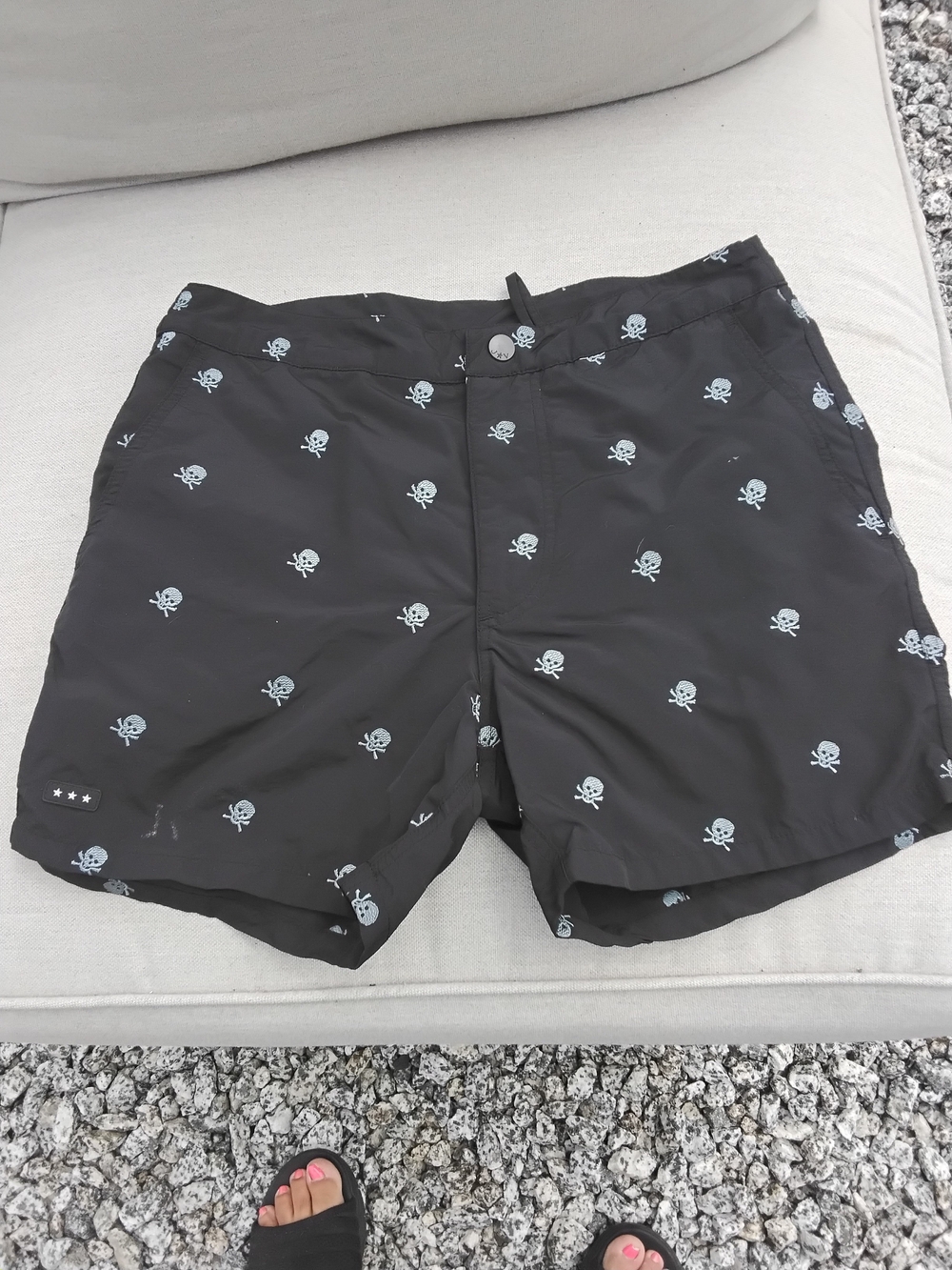 John Varvatos Black Swim Trunks with Light Gray Skull Print